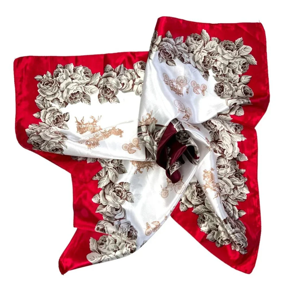 NEW Burgundy Red Ivory Roses and Carriages Printed Square Silky Scarf Wrap
